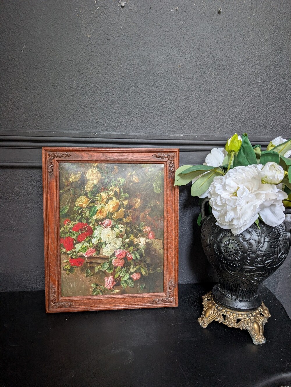 Vintage Carved Ornate Wood Frame w/ 11x14 VTG Style Moody Victorian Floral Art